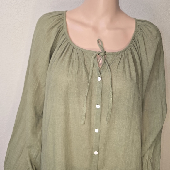 Aerie Oversized Button Down Balloon Sleeve Blouse Green Size S Boho Beach Hippie - Picture 2 of 9